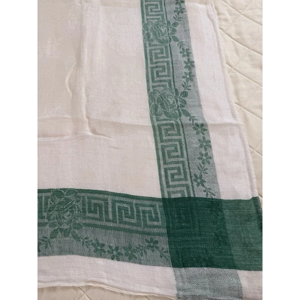 Vintage Linen Damask Tablecloth 32x32 Green Greek Key Floral Border